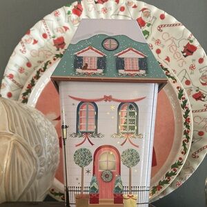 Festive Holiday House Tin with Pink and Green Accents